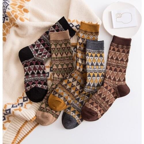 National Style Geometric Vintage Socks Women High Quality Cozy Breathable Combed Cotton Socks For Autumn Winter Warm Sock Sox