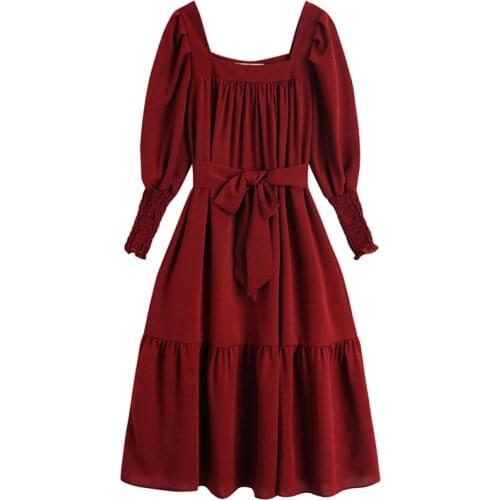 PERHAPS U Woman Elegant Red Slash Neck Long Sleeve Knee Length Dress Spring Puff Sleeve Sash D1716