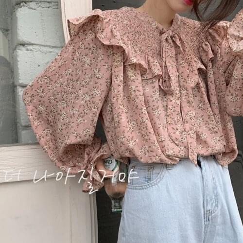 Pink Floral Chiffon Blouse Summer Korean Ruffles Women Lantern Sleeve Shirts Casual Loose Female Lace-up Bow Blouse Tops 2021