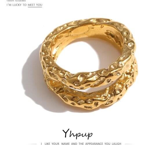 Yhpup Stainless Steel Round Rings For Women Gold Color Texture Metal 18 K Statement Ring Jewelry Bagues Pour Femme Gift 2021