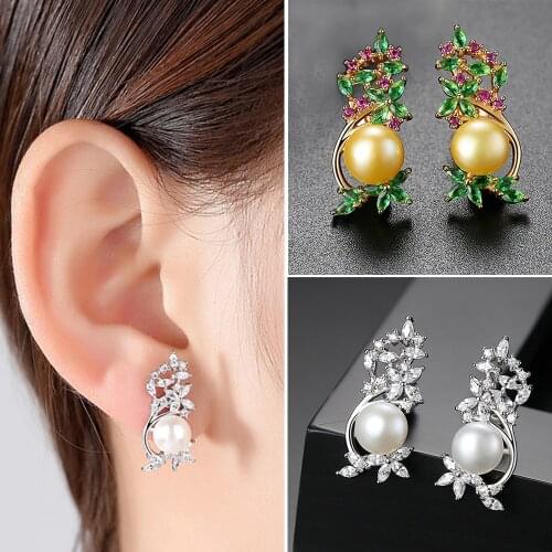 Women Flower Shell Pearl Ear Stud Earrings Zircon Crystal Hollow Out Earrings Party Birthday Gifts Fashion Jewelry