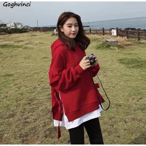 Women with Hat Hoodies Solid Sweatshirts Side-slit Lace Up Loose Oversize 3XL Womens Casual Tops Korean Style Hooded Pullover