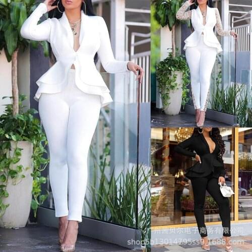 Sets Women Fashion Sexy Suits Autumn Office Casual Sheath Ruffles Solid Long Sleeve V-neck Long Pants Female Mujer De Moda Sets