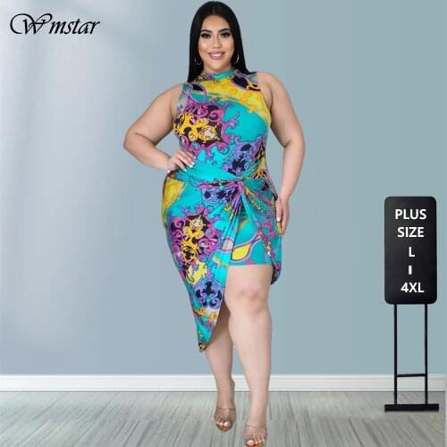 Plus Size Dress 4xl Summer 2021 Wholesale Dropshipping Flowers Printed Irregular Hem Office Lady Fashion Mini Dresses for Women