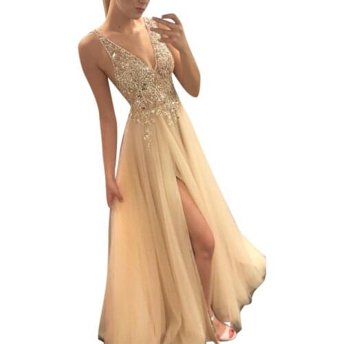 Women Sequins Printed Sling Cross Wedding V-Neck Elegant Party Evening Slim Hollow Lace Dress Camisole High Slits Mesh Sundress