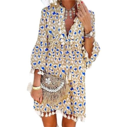 Women Vintage Fringed Printing V-Neck Dresses Summer Casual Ladies Long Sleeve Hollow Out Streetwear Beach Vestido