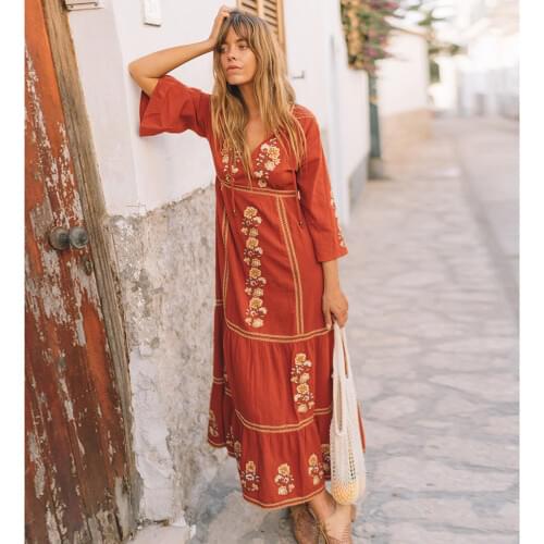 Jastie Bohemian Holiday Women Dress Boho Floral Embroidered Dresses V-Neck Long Sleeve Autumn Maxi Dresses for Women Vestidos