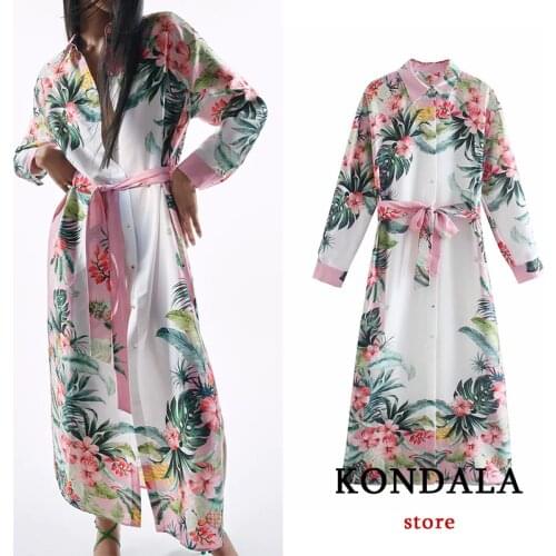 KONDALA Za 2021 Floral Print Vintage Maxi Shirt Dress Women Long Sleeve Sashes Single Button Front Split Dress Elegant Vestidos