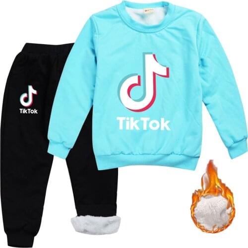Winter TIK TOK warm clothing suit for boys girls plus fleece hoody+ cotton pants set