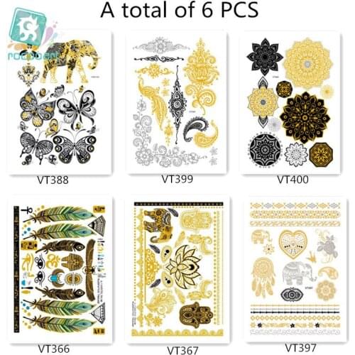 6Sheets Arabic Style Designs Flash Metallic Waterproof Temporary Tattoos Gold Silver Elephant mandala Flower Fake Tatoo Sticker