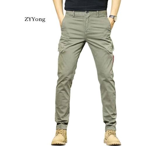 2020 New Mens Cargo Pants Fashion Multi-Pocket Straight Cotton Casual Trousers Elasticity Slim Outdoor Khaki Black Overalls