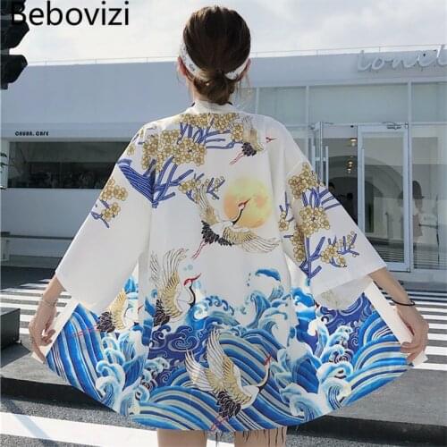 Bebovizi Crane Kimono Streetwear Cardigan Harajuku Blue Waves Robe Japanese Style Clothes Men Women Cosplay Traditional Jacket