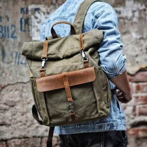Classic American Style Backpack Retro Simple Canvas Backpack Crazy Horse Leather Outdoor Backpack Trendy Mens Backpack