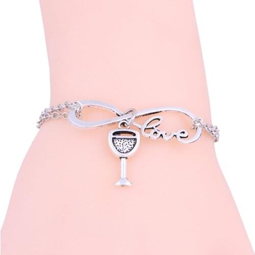 50pcs Hot Zinc Alloy Fashion Women Infinity Red Wine Glass Bangle Pendant Bracelet Chain Charm Jewelry 17cm + 5cm z0345