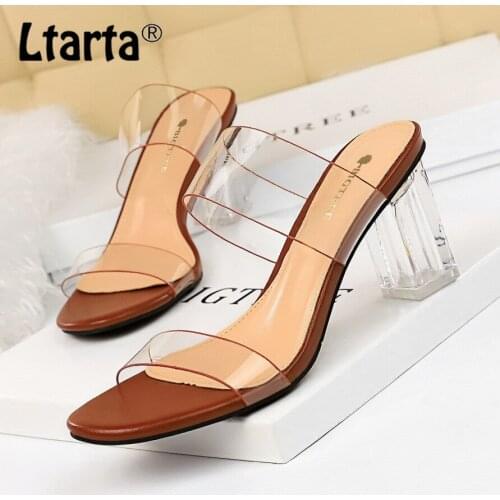 LTARTA Summer Sandals Transparent Crystal Heel High Heel Hollow Open Toe Transparent One Word with Female Slippers DS