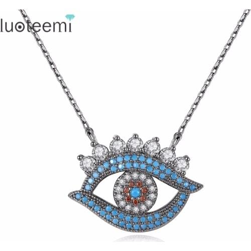 LUOTEEMI Black Gold Color Enchantment Blue Zircon Vivid Eye Pendant Necklaces For Women Fashion Charm Necklace Jewellery Gifts