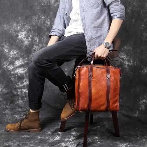 Simple retro high quality mens genuine leather briefcase new first layer cowhide business handbag mens shoulder messenger bag