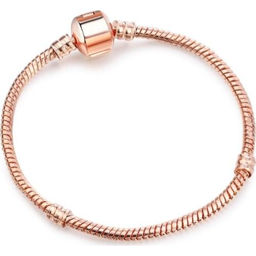 New Handmade Rose Gold Original Classic Snake Chain Pandora Bracelet Bangle European Style Jewelry Gift for Women Girls Mom Wife
