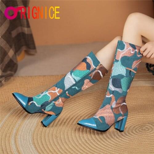 Orignice Ethnic Style Embroidered Women Fashion Knee High Boots Pointed Toe Thick Heel Zipper British Design Party Wedding Shoes