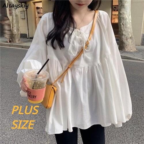 Solid Shirts Women Ruffles Lace-up Korean Style Chic 3XL Plus Size Trendy Popular Simple College Students Ulzzang Spring Autumn
