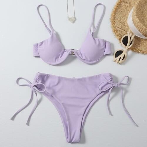 Sexy Underwire Bikini Women Solid Purple Push Up Padded Bra Swimsuit Brazilian Beach Bandage Bathing Suit High Waist Swimwear