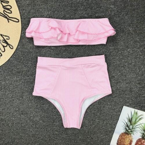 Pink Ruffle Bikini 2020 Off Shoulder Push-Up Brazilian Striped Boho High Waist Swimsuit Strapless Two Piece Swimwear Beachwear