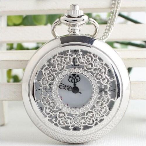 Vintage silver Hollow out flowers White Roman numerals woman and men gift pocket watches POK88