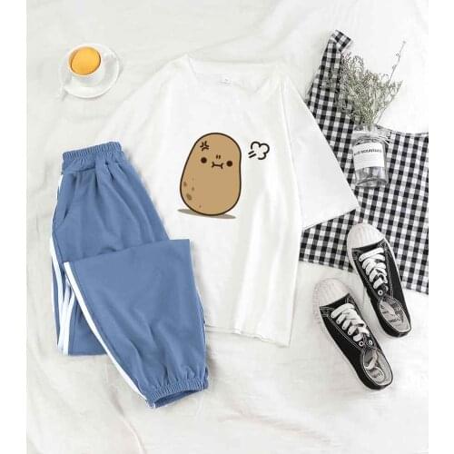 Womens Summer Suit Kawaii Potato Print Trouser Pant Suits Trousers Women 2021short Sleeve Tees Fashion Casual Pants Loose Set