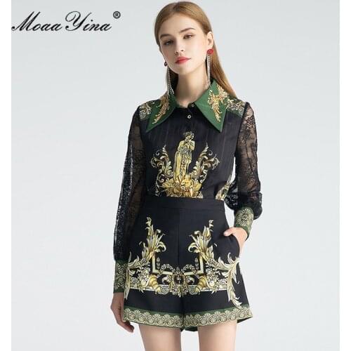 MoaaYina Fashion Designer Set Autumn Women Beading turn-down collar Lace Long sleeve Printed Blouses Tops+Shorts Two-piece suit