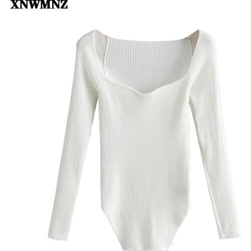 XNWMNZ Square Collar Long Sleeve Woman Sweaters Knitted Pullover Spring Autumn Sweater Winter Tops For Women Black White Jumper