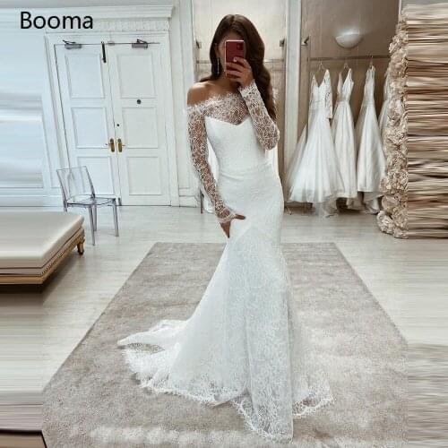 Elegant Lace Mermaid Wedding Dresses Off the Shoulder Long Sleeves Trumpet Bride Dresses Boat Neck Long Bridal Gowns Plus Size