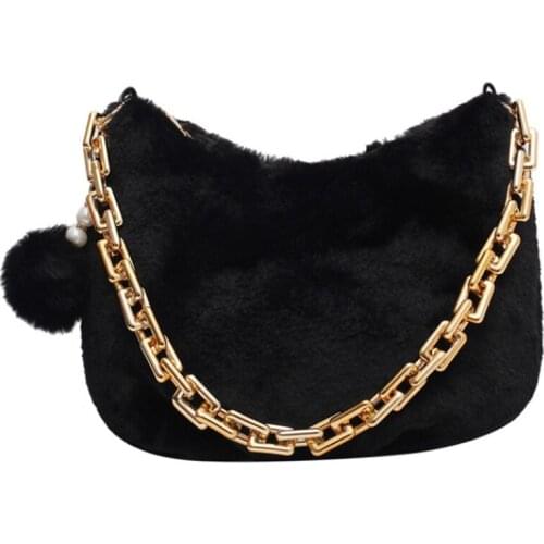 Winter Casual Plush Shoulder Bag Women Coarse Chain Ladies Handbag Fashion Plush Bucket Bag New Pendant Tote