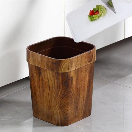 14L Retro Imitation Solid Wood Rubbish Bin Large Trash Can Kitchen Storage Basket Household Office Garbage Container