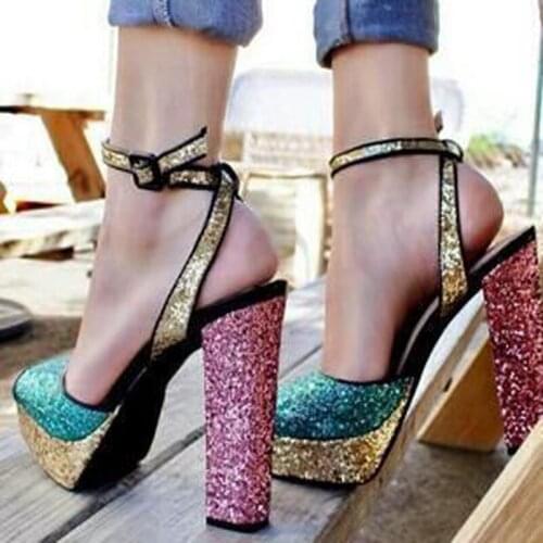 2018 Ladies Sexy Multi Sequins Leather Patched Sandals Ankle Straps Women Peep Toe Glitter High Heel Bling Bling Platform Shoe