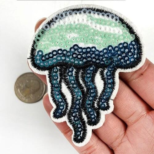 PGY Sequined Ocean Fish Jellyfish Patches Iron On Appliques For Clothing Badges Cartoon Water Jellyfish Embroidery Accessory