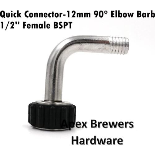 Quick Connector, 12mm 90 Degree Elbow Barb, 1/2" Female BSPT, Silicone Grip, Brewer Hardware, Pump Fittings