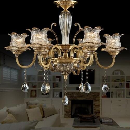 Duplex house Copper hanging Chandelier Crystal drop Lamp Living Room America Lighting Dining Room Bedroom chandelier led lustres