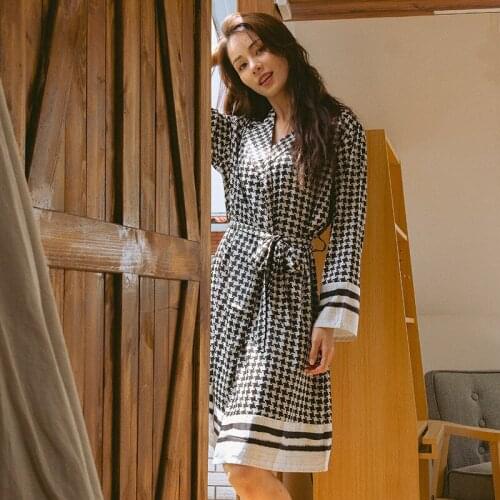 Spring Robes For Women Bathrobe Sleepwear Kimono Nightwear Print Plaid Satin Warm Sexy Casual Leisure Full Sleeve Breathable