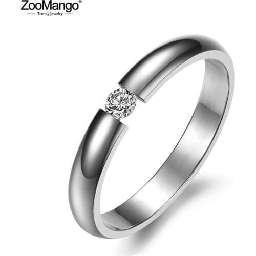 ZooMango Single Crystal Ring For Women Rose Gold/White/Black Color Stainless Steel Wedding Engagement Ring Jewelry Gifts ZR19101