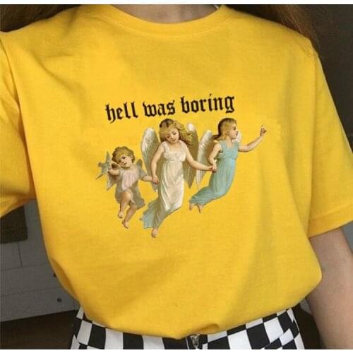 Kuakuayu HJN 1pcs Hell Was Boring Angel T-Shirt Women Three Cherub Funny Women Stylish Letter Print Summer Cotton Short Sleeve