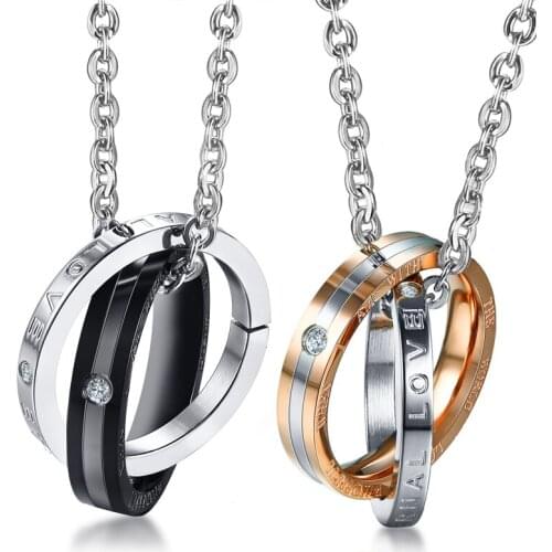 2021 Fashion And Stainless Steel Material Korean Style Rhinestone Double Ring Charming Pendant Necklace Suitable For Couples