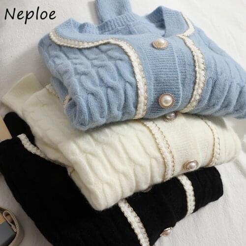 Neploe Fashion Contrast Color Single Breasted Sweater Jackets Women O-neck Long Sleeve Autumn New Cardigan Female Knitted Tops