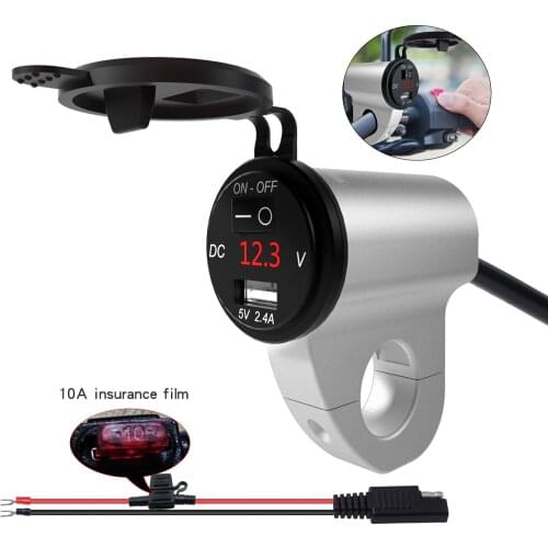 Motorcycle Aluminum Alloy Waterproof Mobile Phone Charger Digital Display Voltage 2.4A Car USB Fast Charging Power-Off Switch