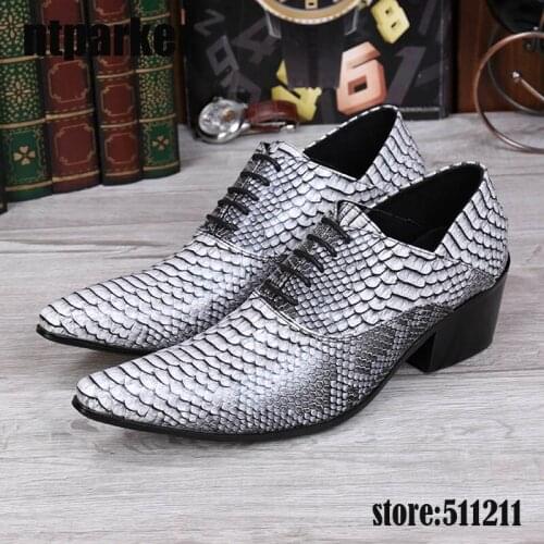 Ntparker 6CM Heels Grey White Snake Pattern Mens Shoes Geunine Leather Dress Shoes Pointed Oxfords Business Shoes for Men