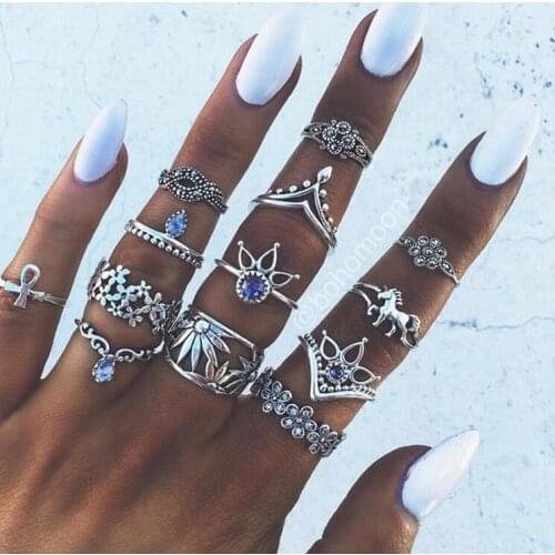 Multilayer Style Vintage Knuckle Rings for Women Boho Geometric Flower Crystal Ring Set Bohemian Midi Finger Jewelry Bague Femme