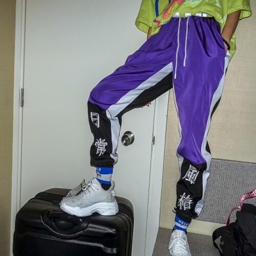 Original style street tide brand hiphop mens and womens impact color splicing text printing summer BF ankle pants