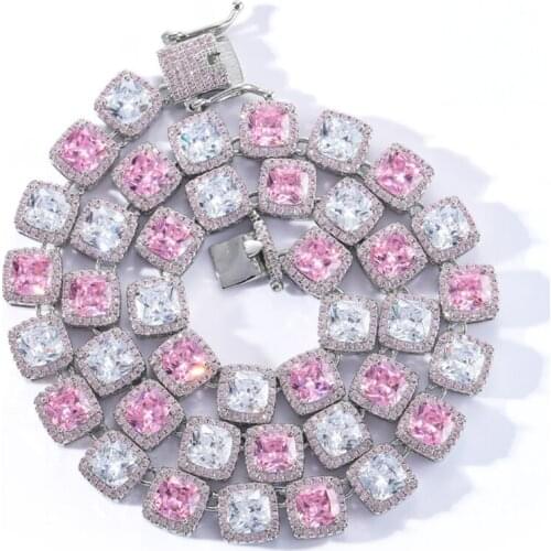 Hip Hop Rhinestone Necklace Luxury Pink White Cubic Zircon Chain Bracelet for Men Women Couple Jewelry