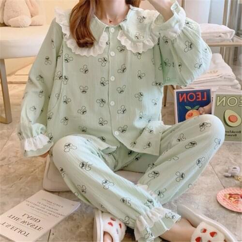 Pajamas set fresh autumn new month clothes long-sleeved double-layer cotton pregnant women sleepwear gauze 2PCs kimono robe