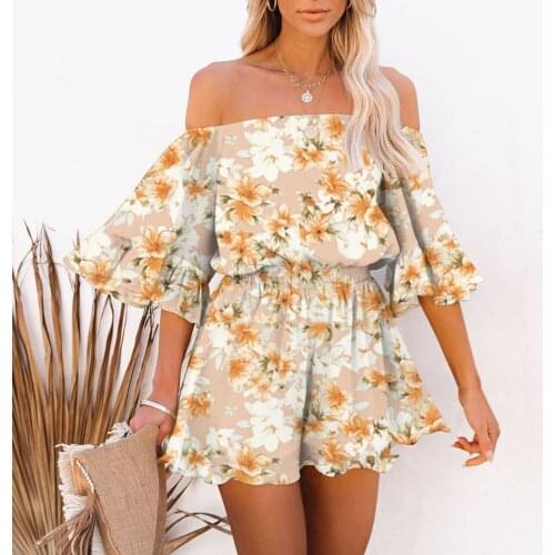 Short Off Shoulder Jumpsuits Overall Women Chiffon Jumpsuit Loose Floral Print Playsuit Beach Holiday Wear Ruffle Romper