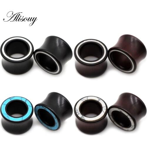 Alisouy 2pcs Wood Inlay White Line Blue Stone Ear Plug Tunnel Earring Guages Stretcher Expander Extender Piercing Body Jewelry